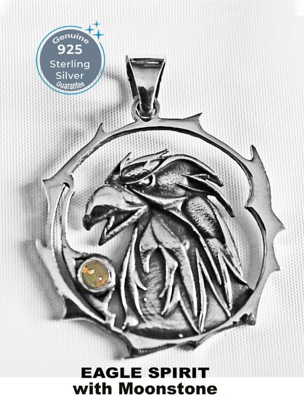Sterling Silver 925 𝑬𝒂𝒈𝒍𝒆 𝒔𝒑𝒊𝒓𝒊𝒕 & 𝑴𝒐𝒐𝒏𝒔𝒕𝒐𝒏𝒆 Amulet Pendant
